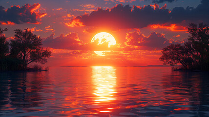 Wall Mural - A beautiful sunset with a large moon in the sky