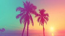 Tropical Beach At Sunset With Palm Trees