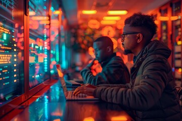 Two young tech enthusiasts are immersed in coding on their laptops in a cyber cafe bathed in the neon blue glow of data screens.