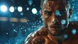 A powerful depiction of a determined athlete, his muscles glistening in the rain, intensely focused as he trains under a backdrop of glowing bokeh lights.