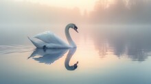A Solitary Swan Glides Gracefully On A Tranquil Lake, With A Serene Mist And The Warm Hues Of Autumn Trees Reflected On The Water's Surface At Dawn.