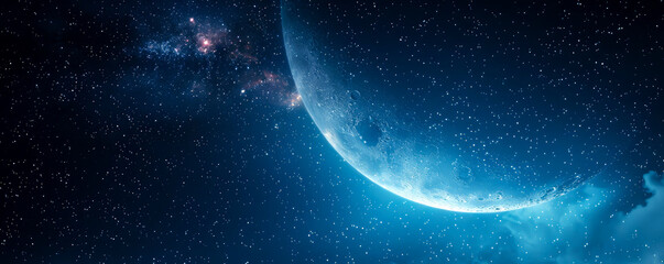  night sky and stars and moon, milky way. space background filled with galaxies and clouds. the dark blue depths of the universe. wallpaper or banner