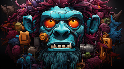 A blue monster with red eyes and a beard. The monster is surrounded by a colorful background. The image is a work of art and has a surreal and imaginative feel to it