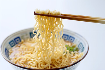 Wall Mural - A closeup of chopsticks picking up ramen noodles from a bowl isolated on white background