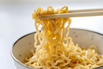 Wall Mural - A closeup of chopsticks picking up ramen noodles from a bowl isolated on white background