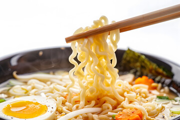 Wall Mural - A closeup of chopsticks picking up ramen noodles from a bowl isolated on white background