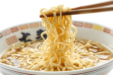 Wall Mural - A closeup of chopsticks picking up ramen noodles from a bowl isolated on white background