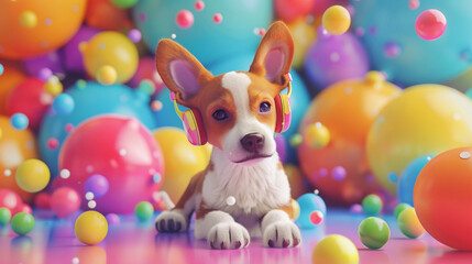 A 3D animator rendering a puppy in headphones with a backdrop background of abstract shapes and colors