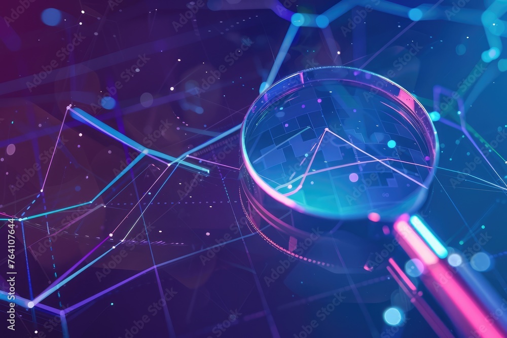 Enlarged view of digital data analysis through a magnifying glass ...