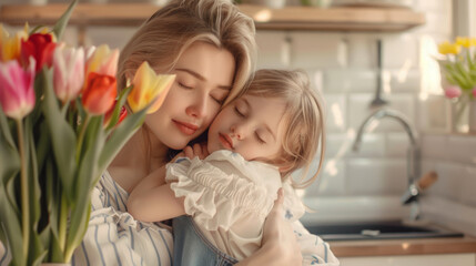 Canvas Print - A mother embraces her young daughter in a sunlit kitchen beside a vase of tulips.