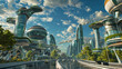 © nopommajun - A utopian vision of future cities with eco-friendly skyscrapers and lush greenery, showcasing a harmonious blend of technology and nature