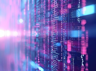 Abstract concept of coding and software development, with vibrant lines of code in selective focus on a computer screen, embodying innovation and the digital world - AI generated.