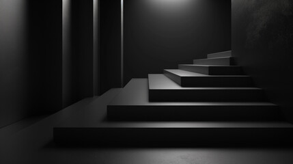 Wall Mural - monochromatic image showcasing a minimalist design of geometric stairs in a dimly lit room.