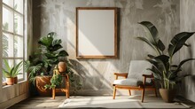 Single Wooden Frame Mockup On The Wall Gray Plaster Color, Modern And Bright Space.