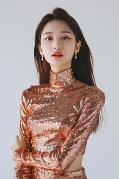 Portrait of a pretty young woman super model of Korean ethnicity flaunting a glamorous peach sequined mini dress with long sleeves, a high neckline, and a body-hugging silhouette