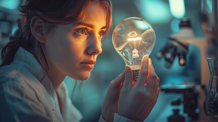 Canvas Print - Research: A researcher studying a glowing lightbulb