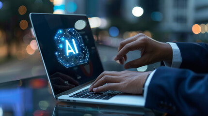 businessman engages with artificial intelligence interface on his laptop outdoors in an urban settin
