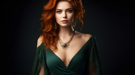 Wall Mural - Portrait of a beautiful red-haired young woman with blue eyes in an emerald evening dress with a plunging neckline with gold jewelry on a dark background isolated