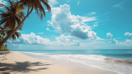 Canvas Print - A beautiful beach scene with a palm tree in the foreground