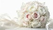 Bukiet ślubny w kształcie kuli z białych i różowych róż i gipsówki na białym tle