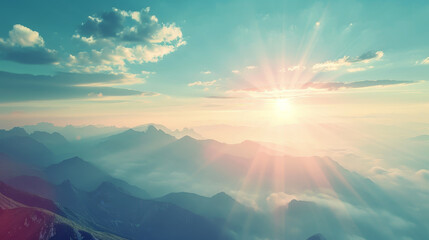  The sun is shining brightly on the mountains, creating a beautiful
