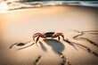 A solitary crab making its way across the beach, leaving tiny tracks in the sand as it scuttles towards the water's edge.
