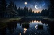 A serene forest pond reflecting a starry night sky, with the moon casting a shimmering path across the tranquil waters.