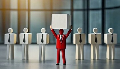 3d illustration about leadership and teamwork. red leader leading by example carrying a representati