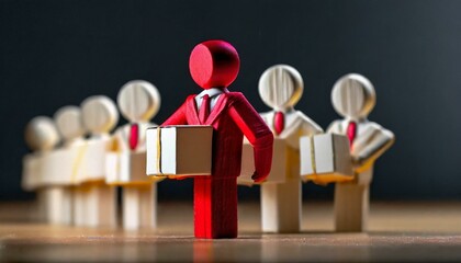 3d illustration about leadership and teamwork. red leader leading by example carrying a representati