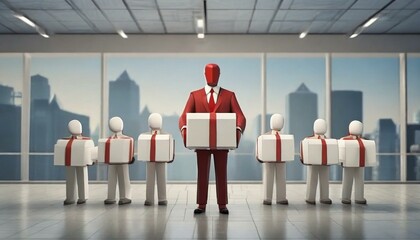 3d illustration about leadership and teamwork. red leader leading by example carrying a representati