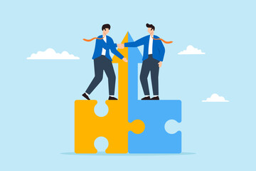 Wall Mural - Two businessmen shaking hands on connected growth arrow puzzle pieces, illustrating joint venture or business partnership. Concept of share resources and work together to common goal through mergers