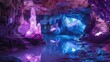 Mystical crystal cave with neon geodes and reflective surfaces