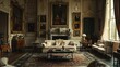 Stately drawing room with period features and luxury textiles