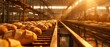 Industrial bakery factory, fresh bread on conveyor, golden light, wide shot, essence of warmth