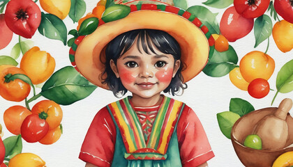 Watercolor Illustration Of Child In Festive Cinco De Mayo Attire