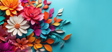 Abstract Romantic  Floral Background With Paper Flower In 3D Effect Over Blue Background With Copy Space 