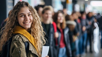 Wall Mural - Portrait of a young Voter wait in line to vote in voting season.