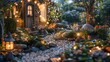 Enchanting and magical fairy garden with whimsical decorations and soft lighting