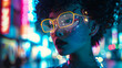 Curly locks and the rim of glasses stand out against a backdrop of vibrant neon lighting in an urban setting