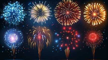 Canvas Print - A realistic set of fireworks animated with fun and holiday symbols isolated on a white background