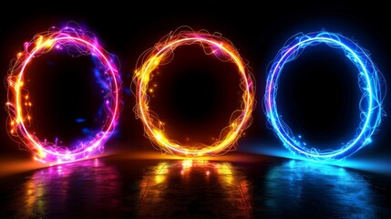 Poster - A set of round neon color circles with wavy dynamic lines isolated on black background. This could be used for badges, prices, labels, or any other purpose.
