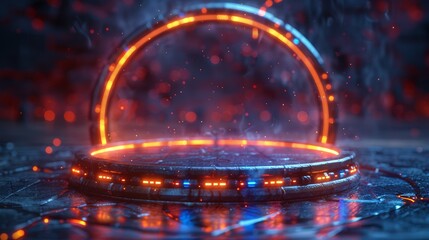 Fototapete - Creating a sky-fi digital hi-tech element for presentation product with circle portals, teleports, hologram gadgets. Blank display, stage, magic portal, podium in futuristic cyberpunk style.