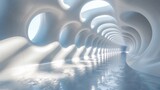 Fototapeta Perspektywa 3d - A long, narrow, white tunnel with a reflective surface