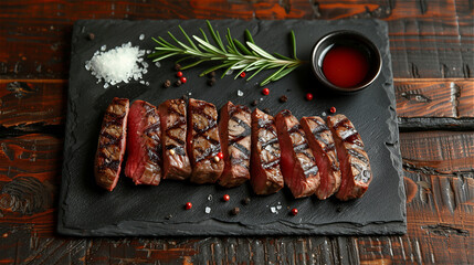 Wall Mural - Cut grill wagyu steak on black slate