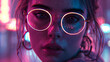 Close-up of a contemplative woman's face with glasses reflecting pink neon light