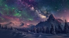 Beauty Of The Northern Lights And The Milky Way Over Snow-covered Mountainous Terrain With Coniferous Trees During Winter.