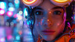 A captivating portrait of a young woman with neon bokeh lights reflecting emotively on her face and surroundings