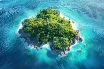 Wall Mural - Aerial Eden Bird's-Eye View of a Lush Tropical Island Encased in Crystal Blue Waters, Digital Art Rendering