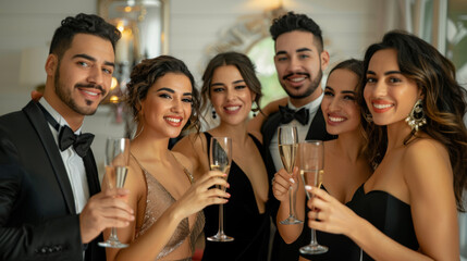 Wall Mural - Elegantly dressed individuals clink champagne flutes in a festive celebration.