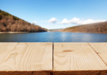 Sticker - The empty blank wooden table with background of mountain.